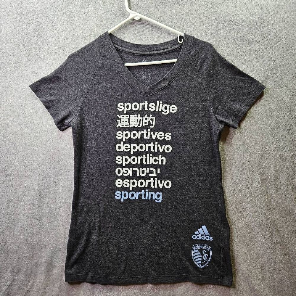 Sporting Kansas City Shirt Womens Sz XL Gray Adidas V-Neck Logo Spellout MLS Tee